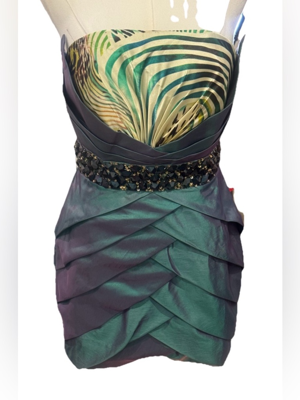 Colors Dress Strapless Teal Iridescent Cocktail Dress Beaded Waist Size 6